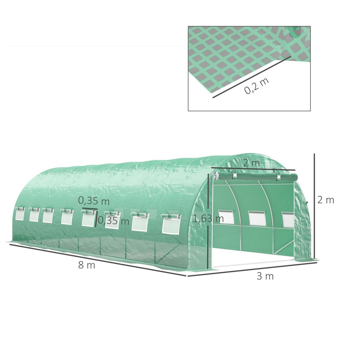 OUTSUNNY Serre tunnel 24m² dim. 8L x 3l x 2H m - 16 fenêtres, porte zippée - acier galvanisé PE haute densité vert