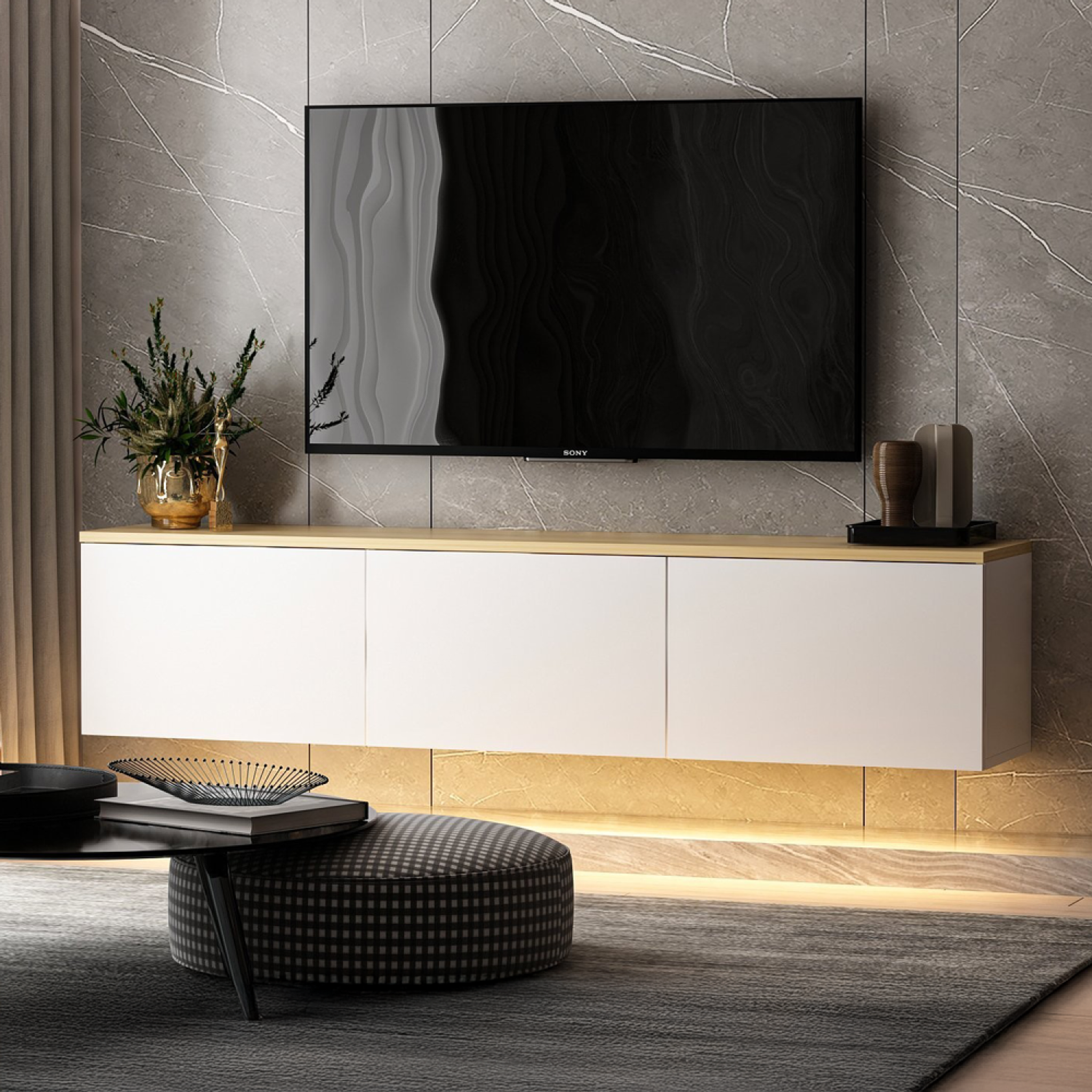 Voir la diapositive 3 : CONCEPT USINE Meuble tv led suspendu avec placards blanc et plateau bois 160cm lumi