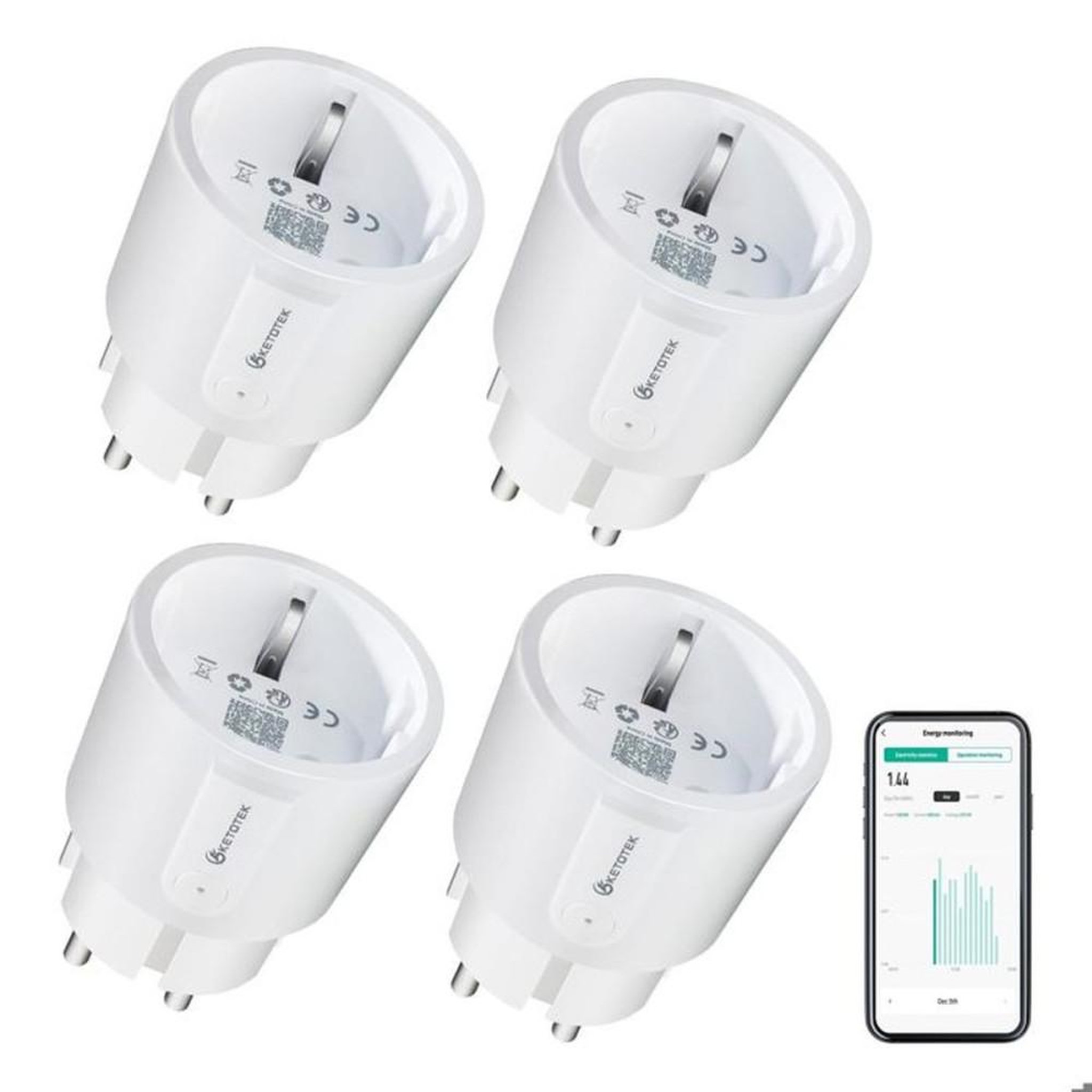 Prise connectée mini Wi‑Fi avec mesure d'énergie en temps réel, pack de 2, commande via appli Smart Life/Tuya et Alexa/Google Assistant, 2,4 GHz