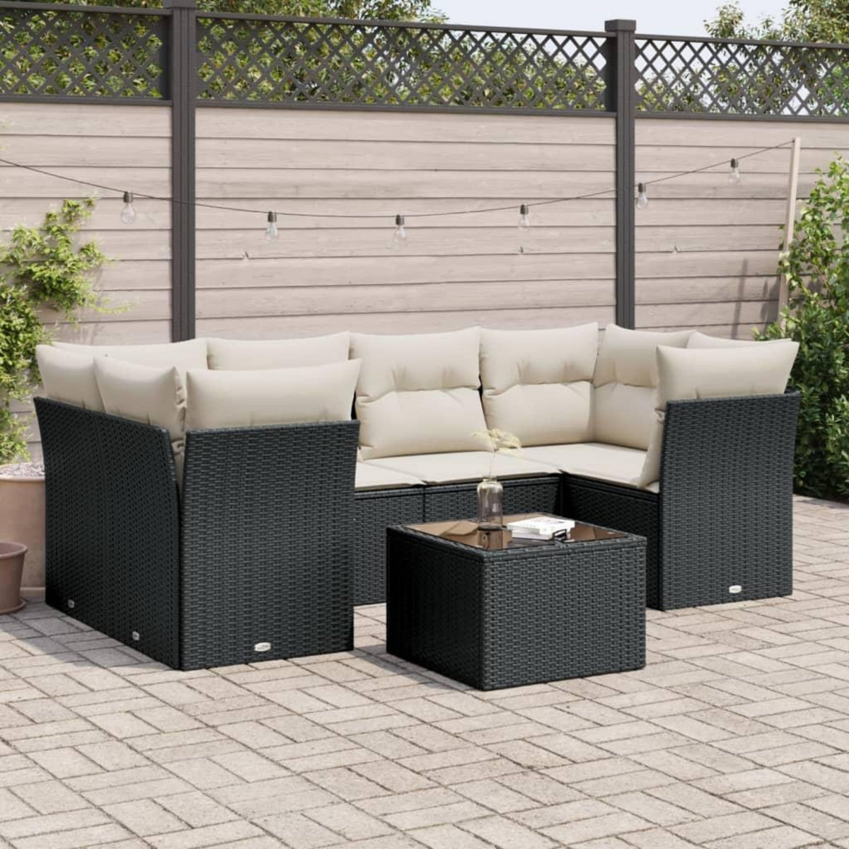 VIDAXL Salon de jardin 7 pcs avec coussins noir resine tressee