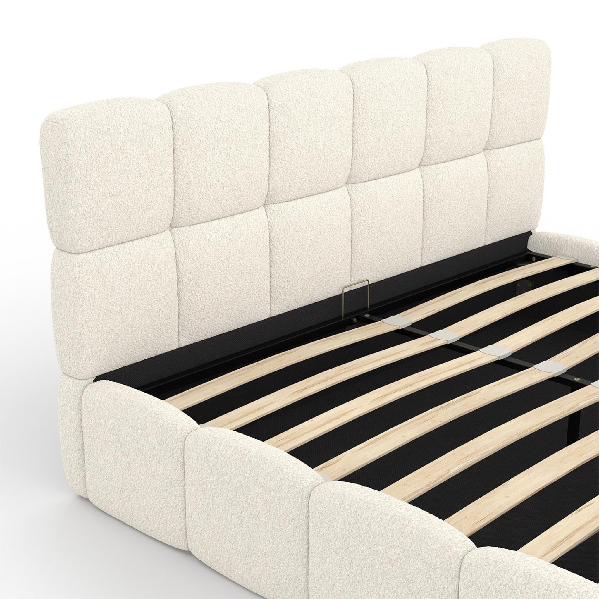 Voir la diapositive 6 : ID MARKET Lit coffre double nuage avec tête de lit matelassée et sommier 160 x 200 cm tissu bouclette blanc