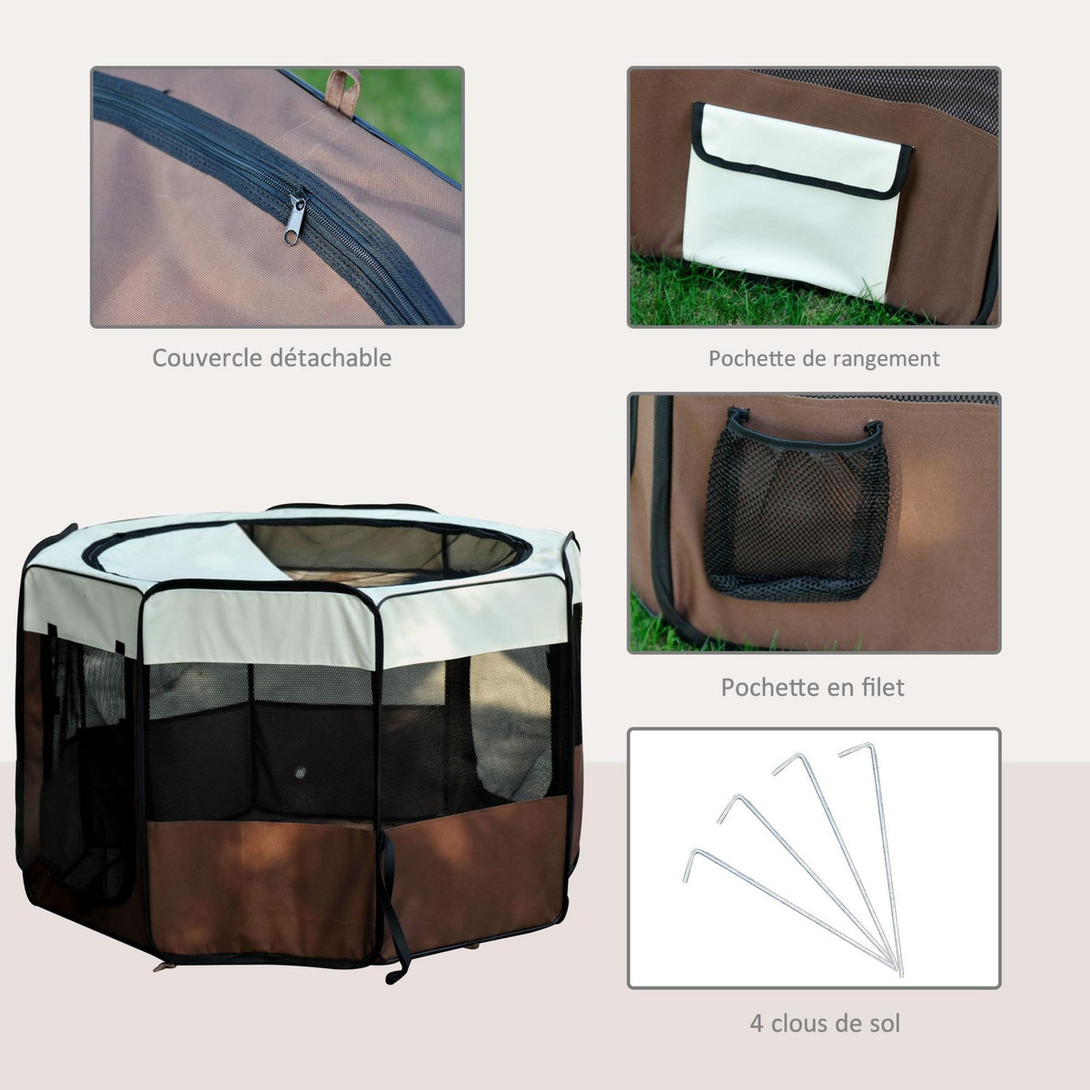 PAWHUT Parc enclos pliable chien chat Ø 117 x 76H cm - 2 portes, 2 poches, sac transport - acier Oxford marron beige