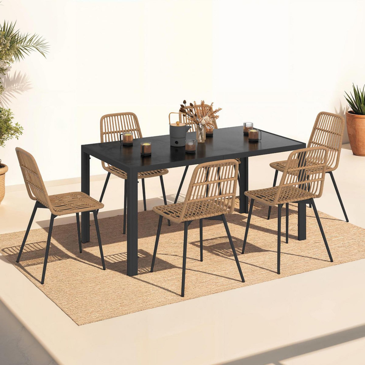 ID MARKET Salon de jardin SUMMER table 150 cm plateau verre trempé et 6 chaises rotin