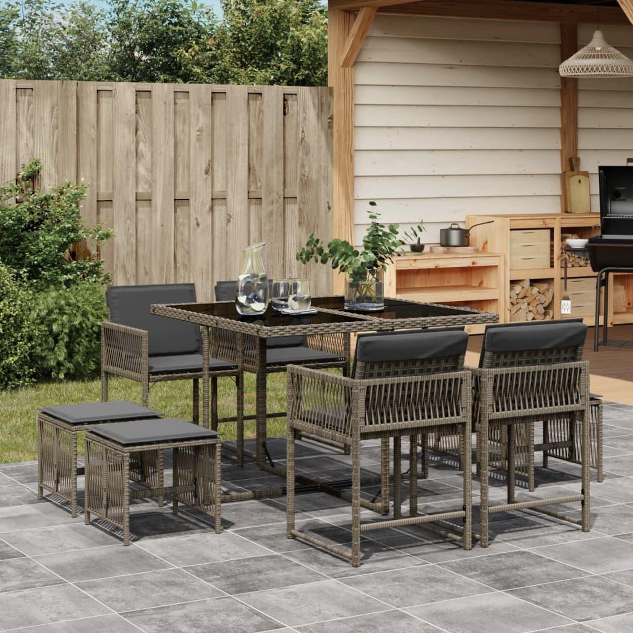 Voir la diapositive 1 : VIDAXL Ensemble a manger de jardin 9 pcs coussins gris resine tressee