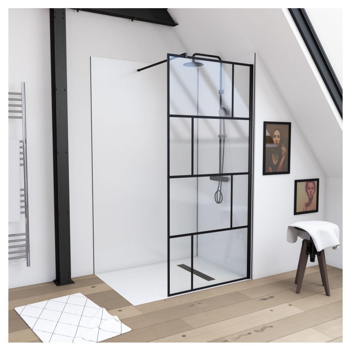 Aurlane Paroi de douche à l'italienne type industriel noir 100x195 cm - BRICKS 100
