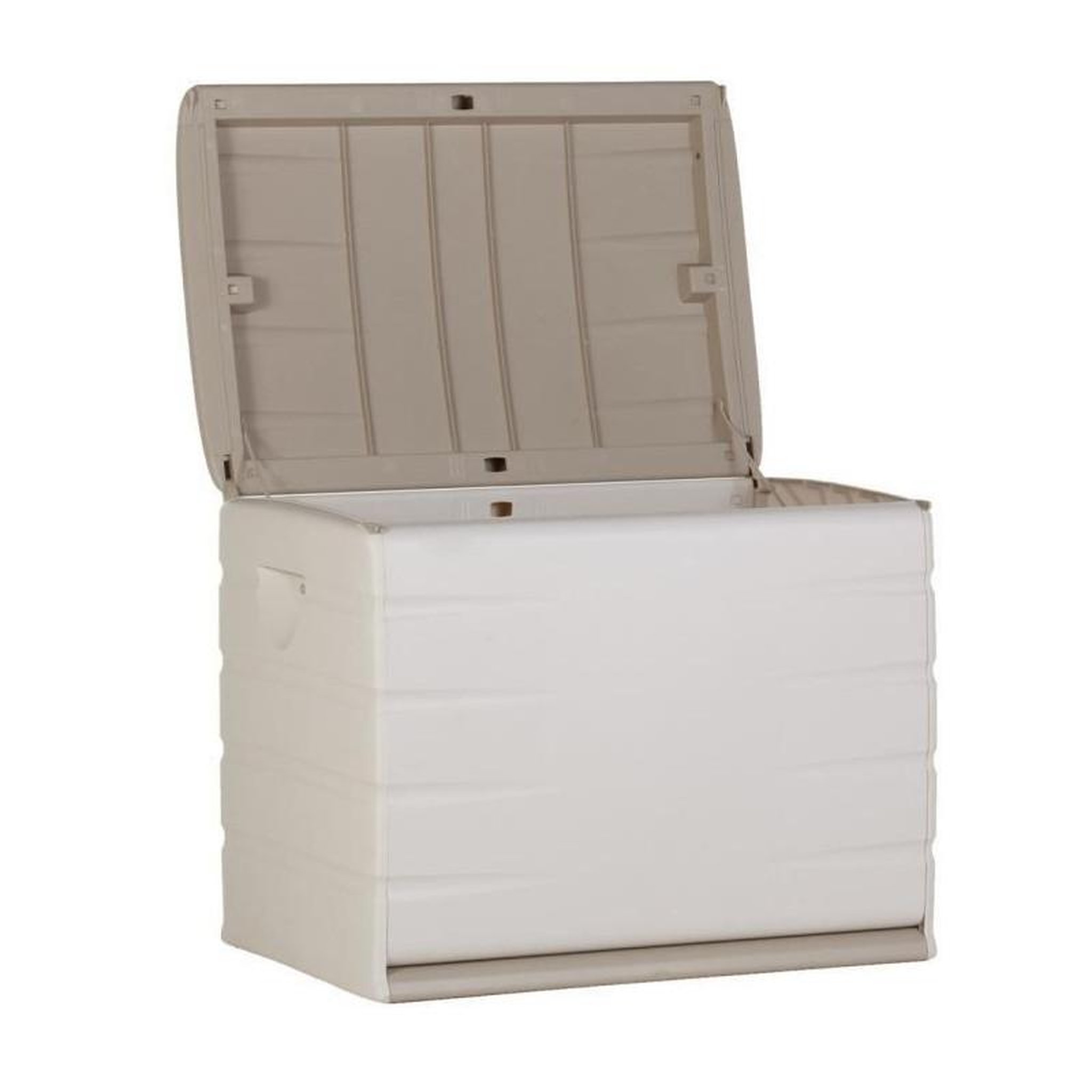 Voir la diapositive 2 : PLASTIKEN PLASTIKEN Coffre 260L Interieur/Exterieur Fonctionnel et Esthetique Cadenassable avec Roulettes Beige