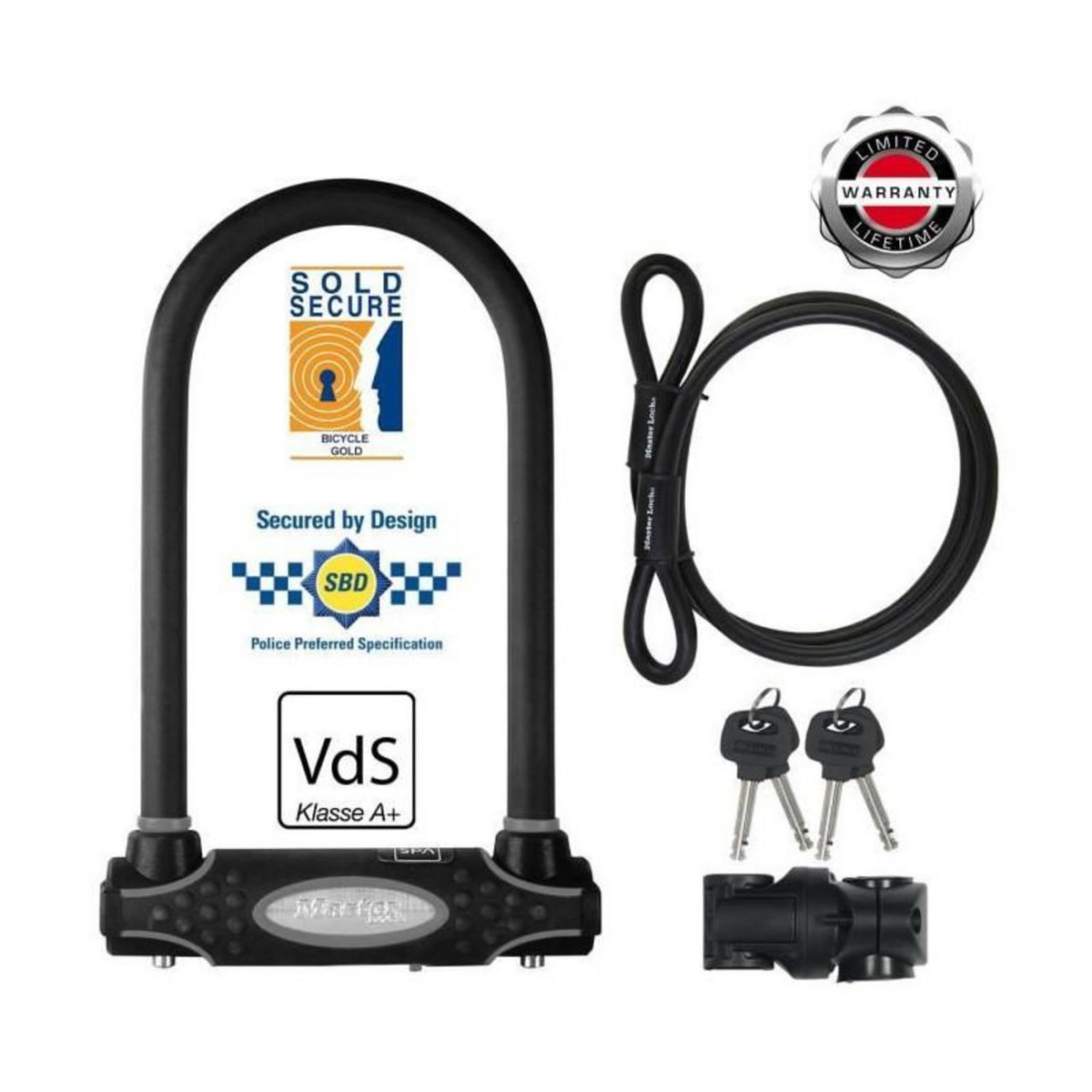 Master lock Antivol U avec Câble [A Clé] [Support de Vélo Universel] [Antivol Certifié] 8274EURDPRO