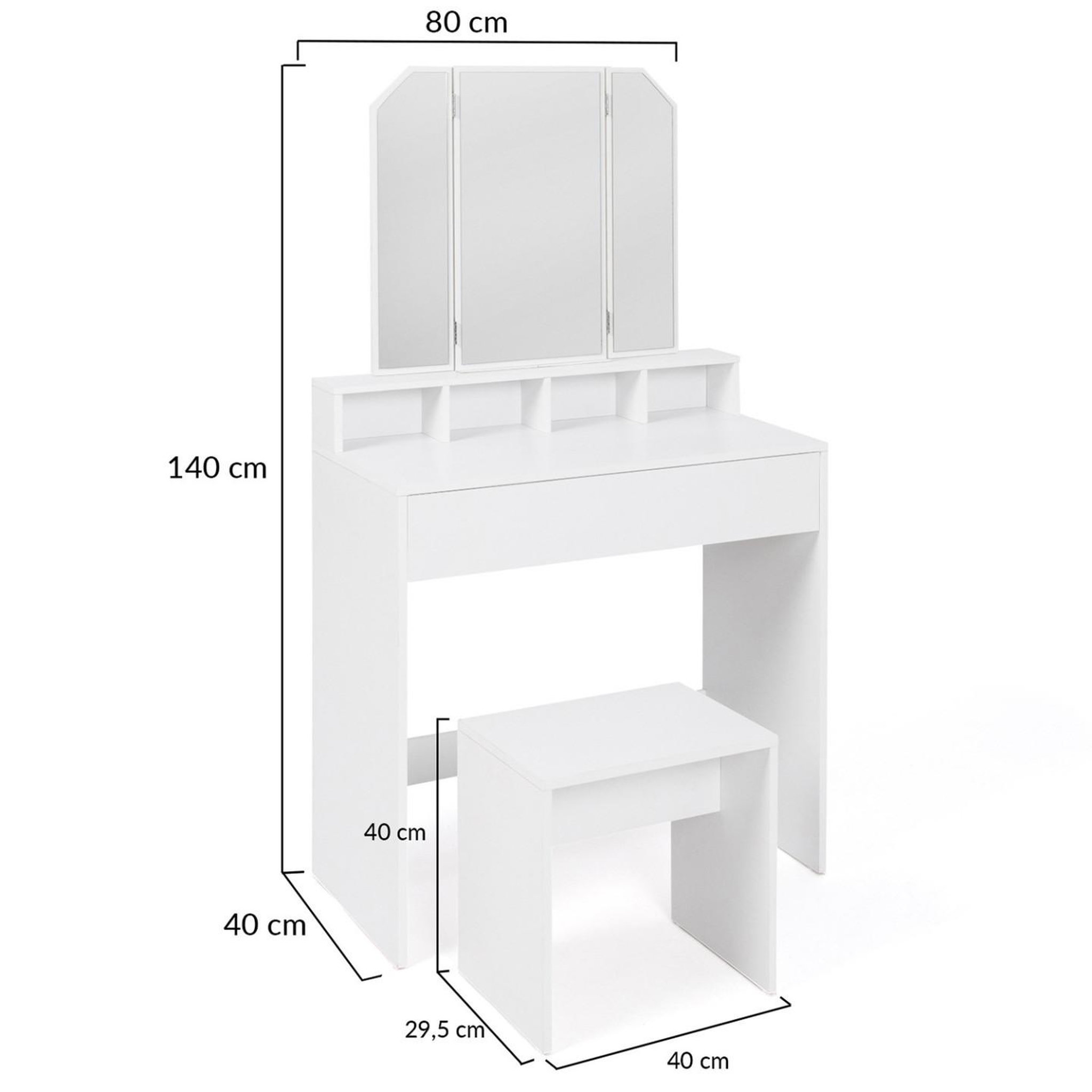 Voir la diapositive 4 : ID MARKET Coiffeuse zelia 3 miroirs avec 4 niches, 1 tiroir et tabouret