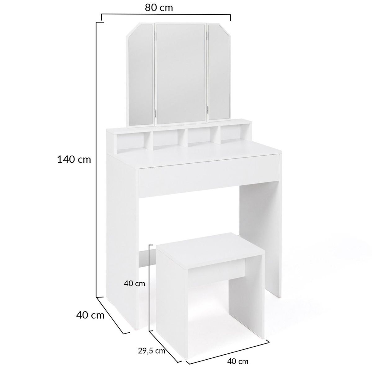 ID MARKET Coiffeuse ZELIA 3 miroirs avec 4 niches, 1 tiroir et tabouret