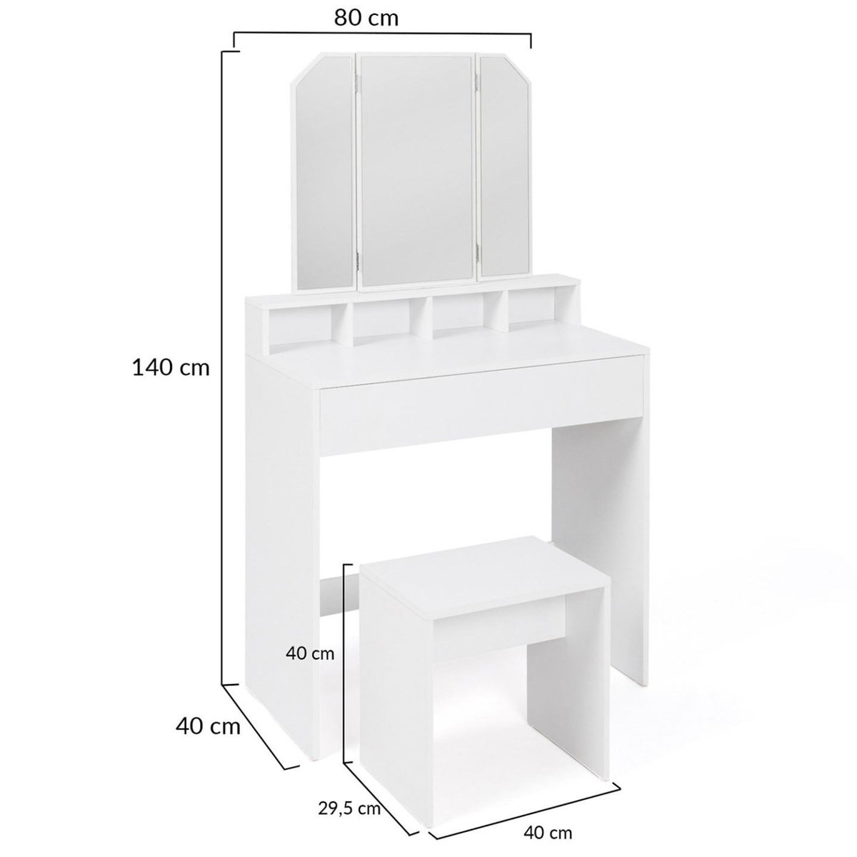 ID MARKET Coiffeuse ZELIA 3 miroirs avec 4 niches, 1 tiroir et tabouret