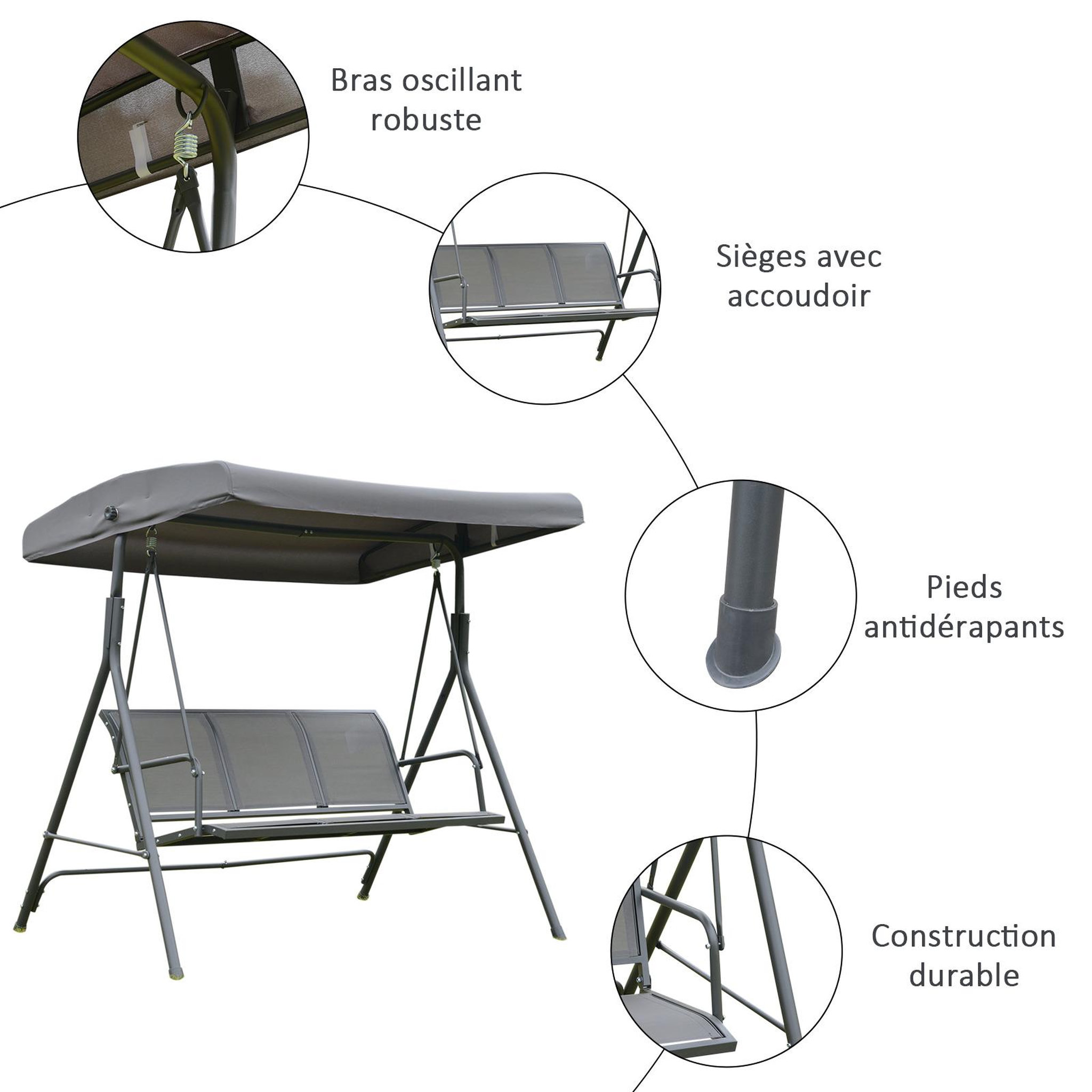 Voir la diapositive 5 : OUTSUNNY Balancelle de jardin 3 places grand confort toit inclinaison réglable assise et dossier ergonomique acier textilène gris