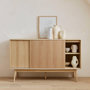Voir la diapositive 4 : SWEEEK Buffet de rangement décor bois naturel. Linear. deux portes. deux étagères. buffet haut. vaisselier.  L 150 x P 39.5 x H 90cm