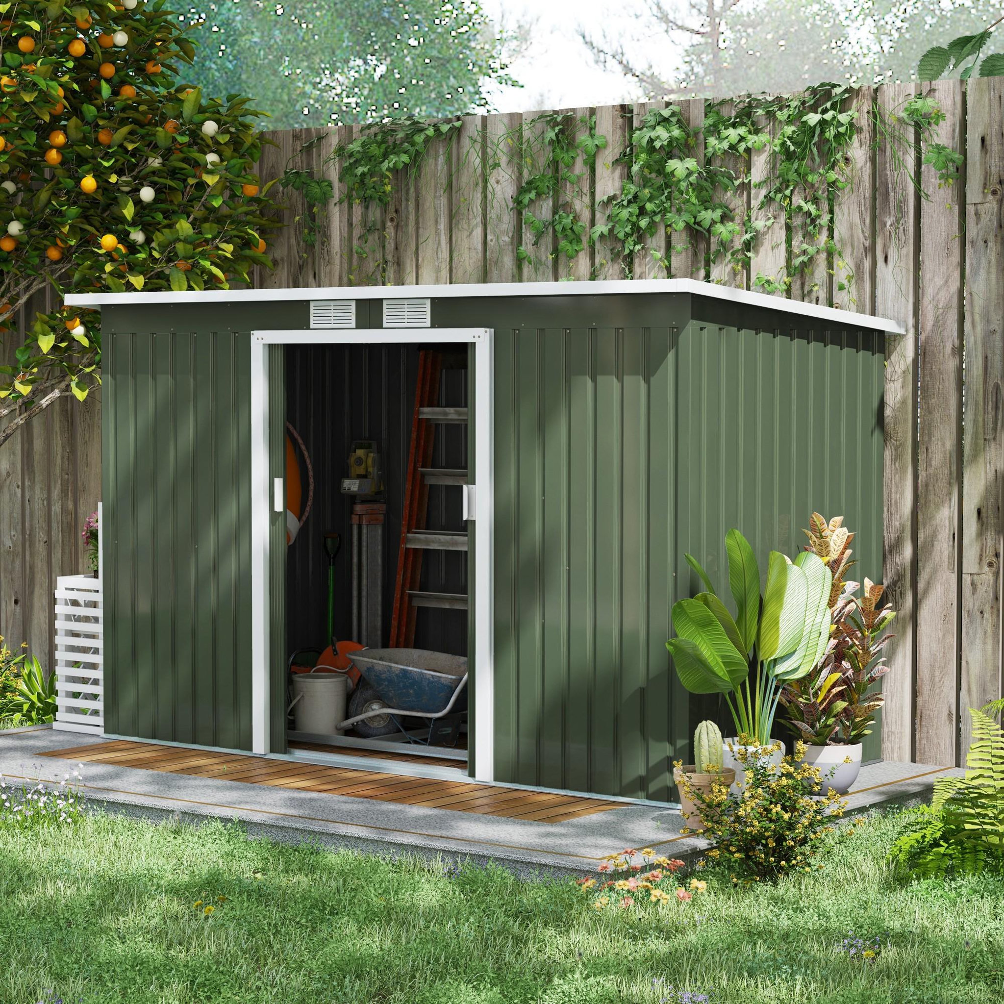 Voir la diapositive 2 : OUTSUNNY Abri de jardin - remise pour outils - cabanon portes verrouillables - dim. 2,8L x 1,3l x 1,72H m - tôle d'acier gris vert
