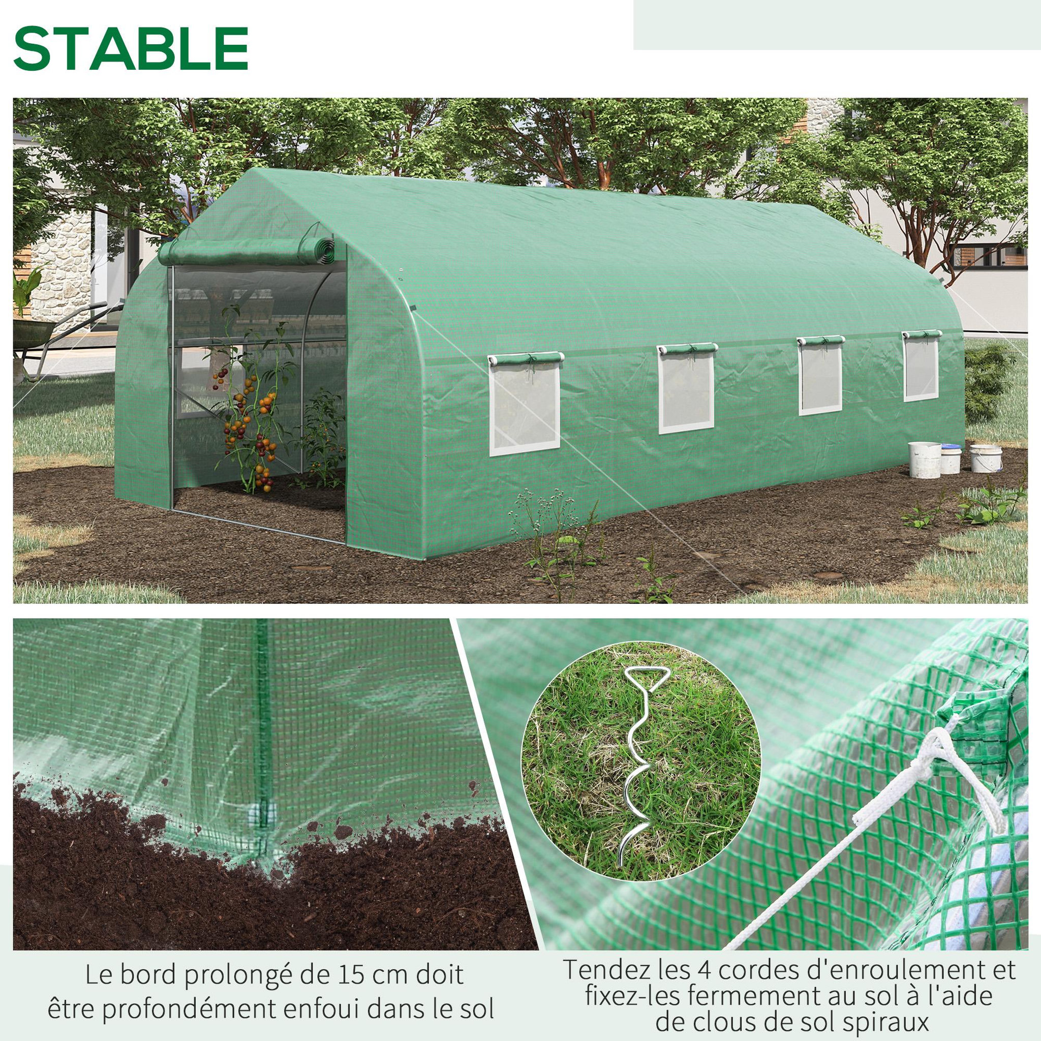 Voir la diapositive 6 : OUTSUNNY Serre tunnel grande taille 17,85 m² châssis tubulaire acier galvanisé renforcé 2,4 cm 8 fenêtres 1 porte vert