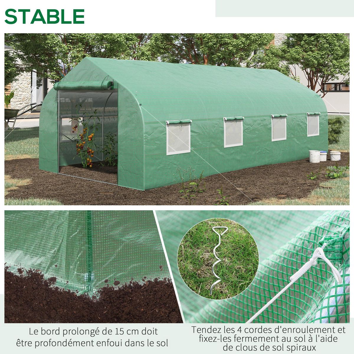 OUTSUNNY Serre tunnel grande taille 17,85 m² châssis tubulaire acier galvanisé renforcé 2,4 cm 8 fenêtres 1 porte vert