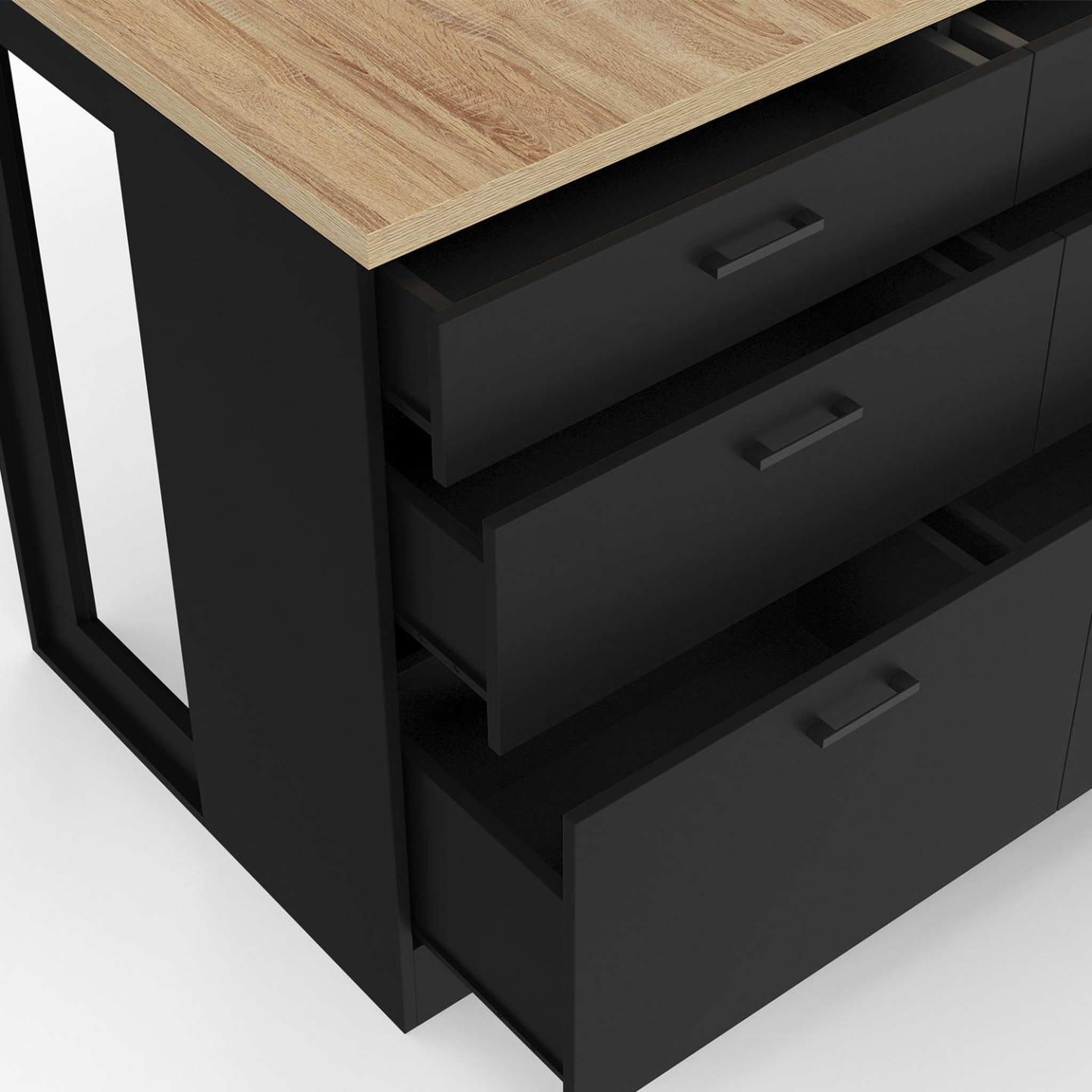 Voir la diapositive 6 : ID MARKET Ilot central mange-debout orso 120 cm casserolier 6 tiroirs noir avec plan de travail façon hêtre