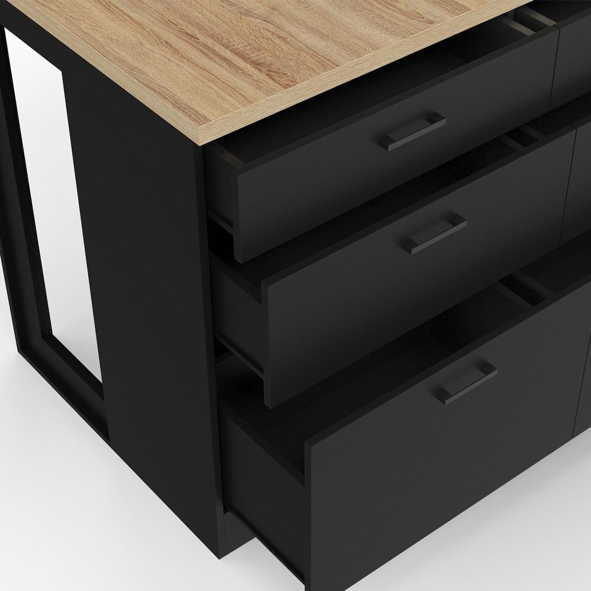 ID MARKET Ilot central mange-debout ORSO 120 cm casserolier 6 tiroirs noir et plateau bois