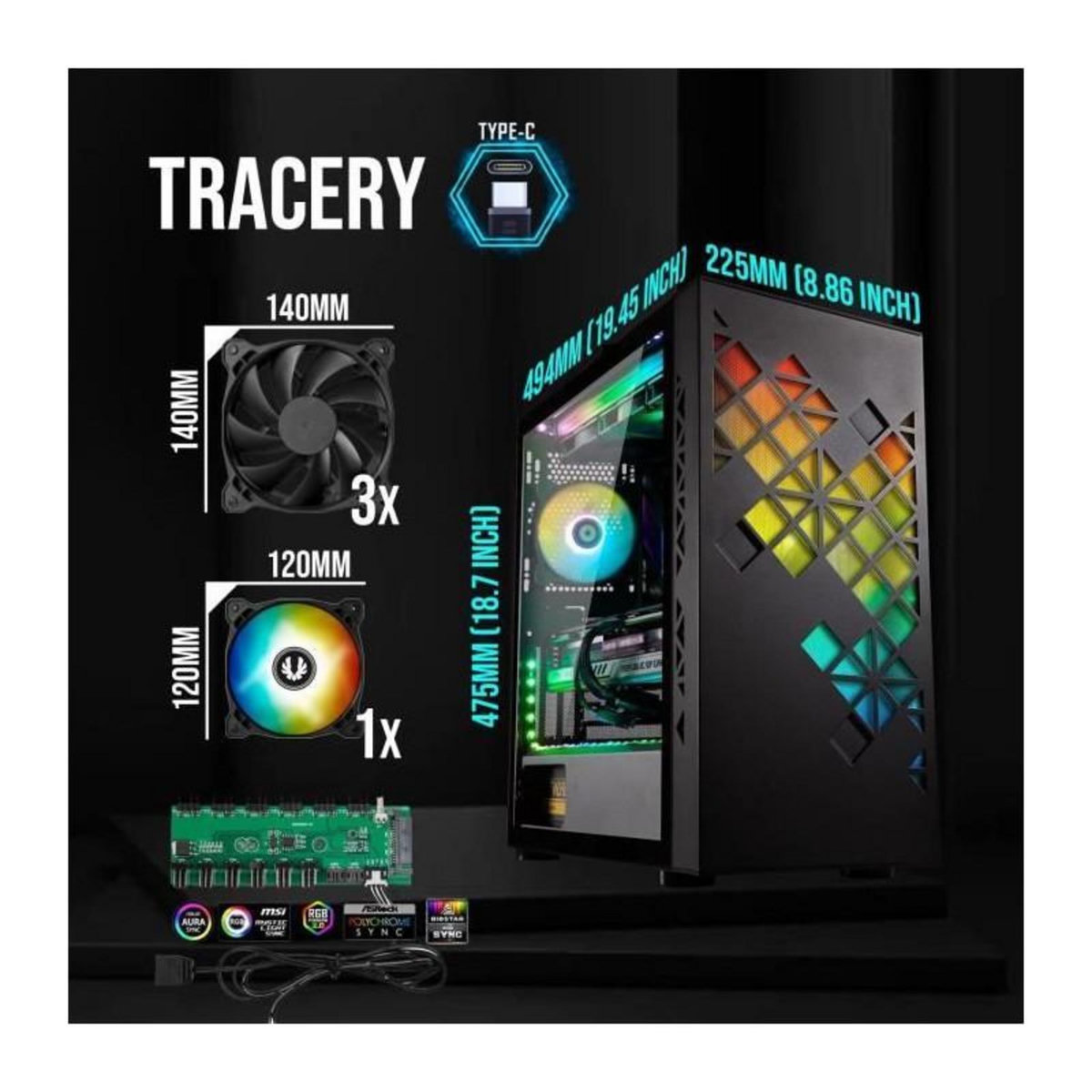 BitFenix Boitier PC sans alimentation - BITFENIX Tracery ARGB (Noir) - Moyen tour - Format E-ATX