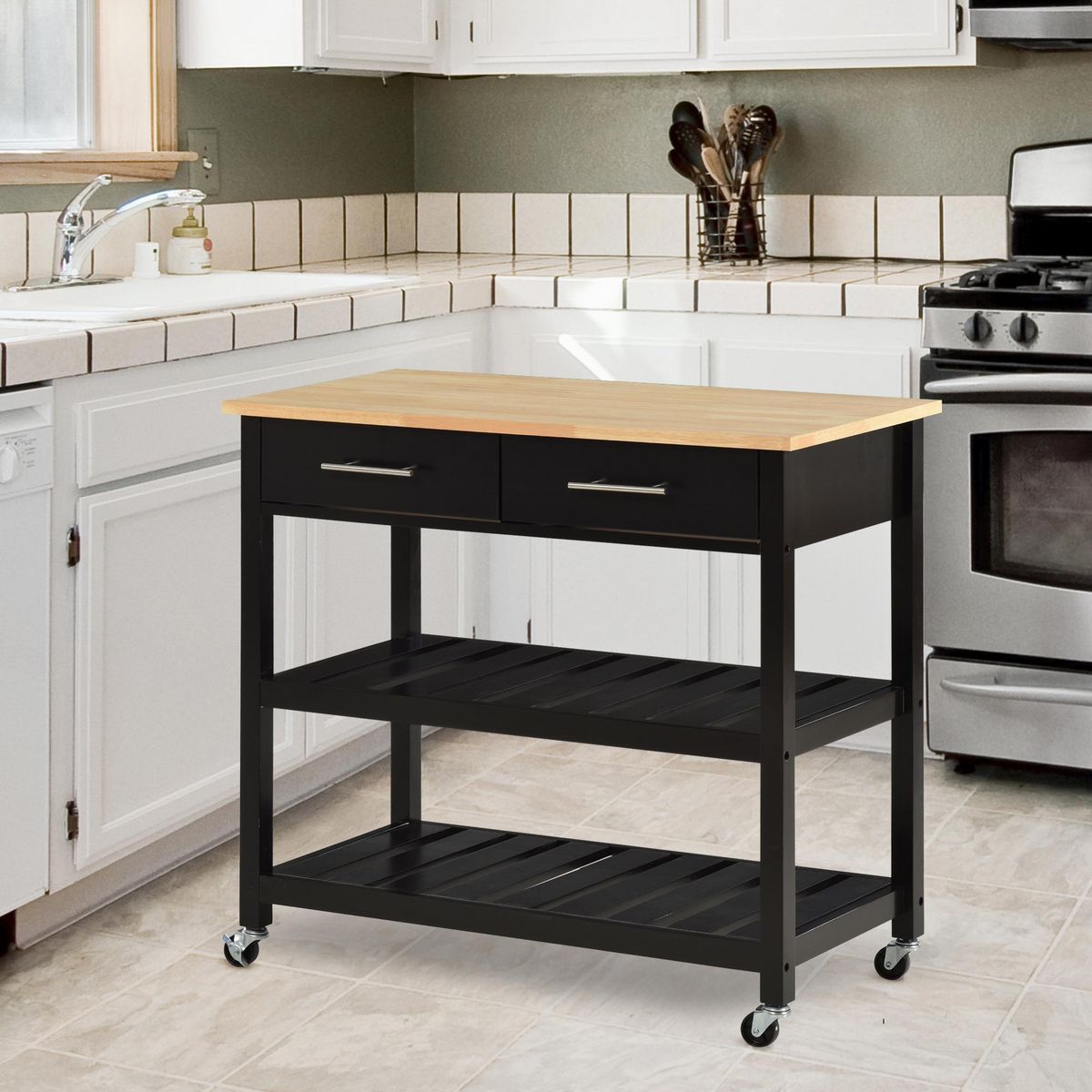 HOMCOM HOMCOM Chariot de service desserte de cuisine à roulettes 2 étagères 2 tiroirs noir bois naturel