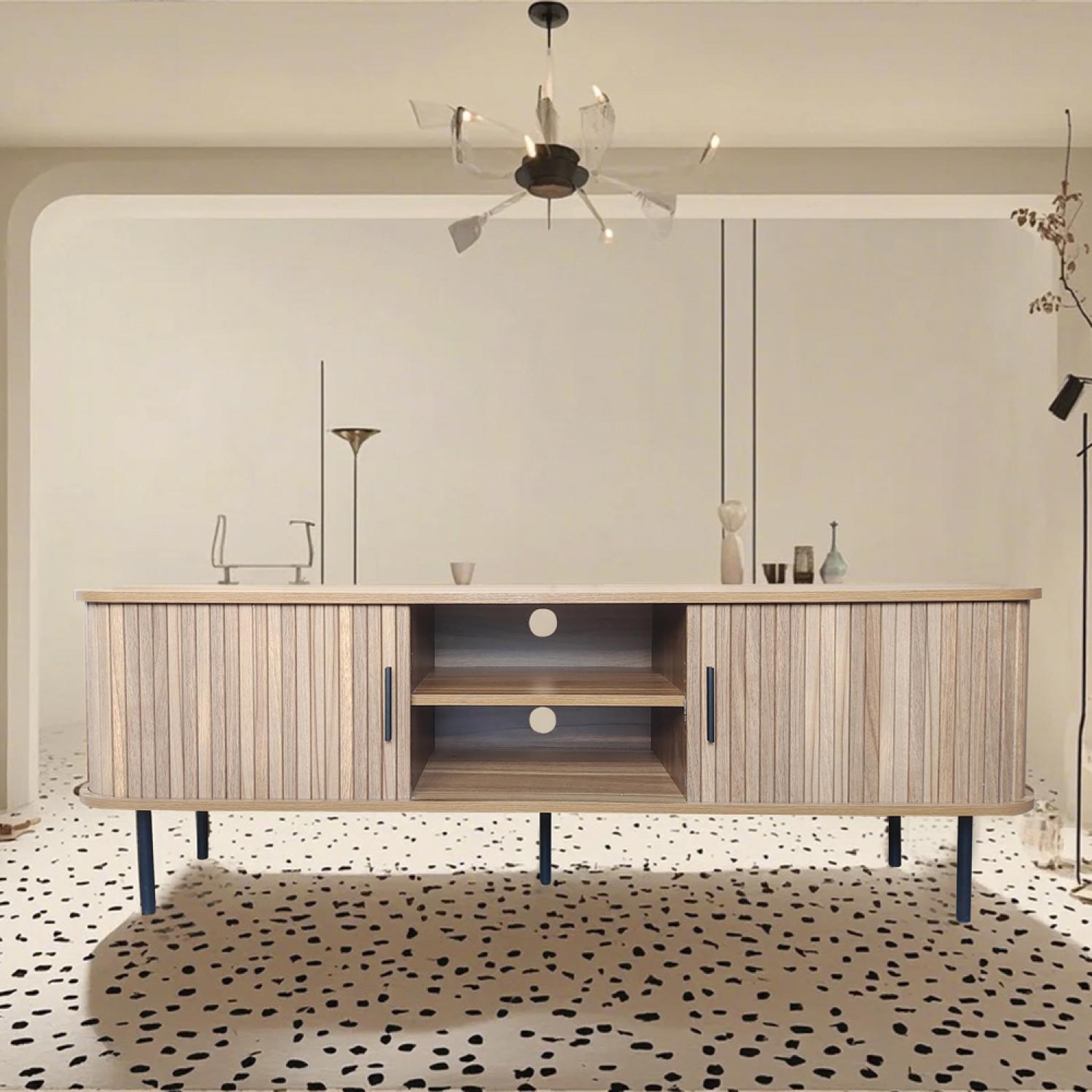 Voir la diapositive 4 : CONCEPT USINE Meuble tv en bois cannelé à portes coulissantes 140cm manado
