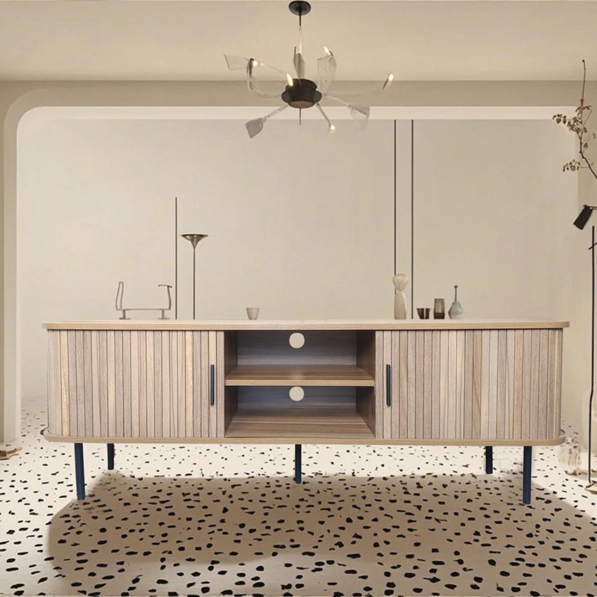 CONCEPT USINE Meuble TV en bois cannelé à portes coulissantes 140cm MANADO