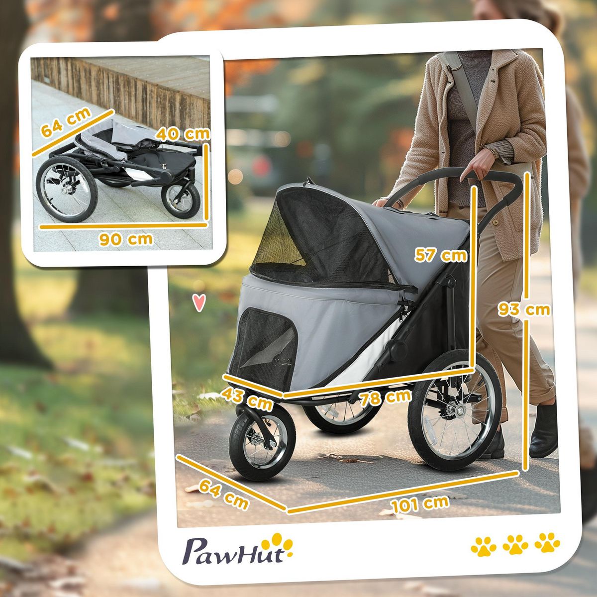 PAWHUT Poussette buggy chien 3 roues pliable pneus gonflables - sac, coussin, laisse intégrés - gris