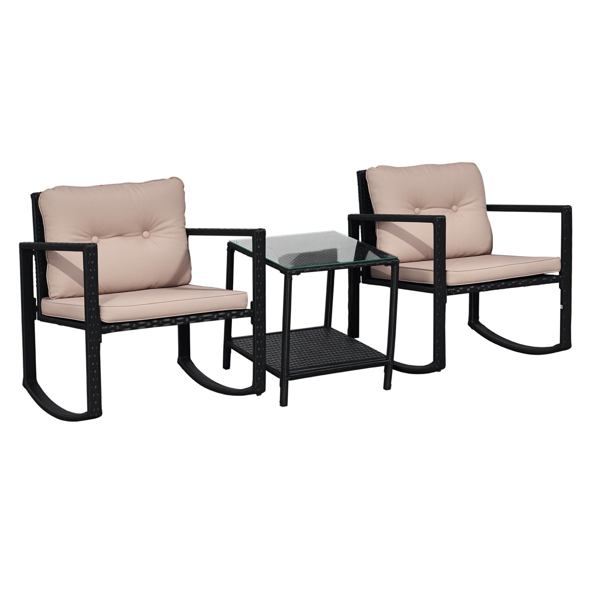 Voir la diapositive 1 : OUTSUNNY Ensemble de jardin 3 pièces style colonial 2 fauteuils à bascule avec coussins marron table basse étagère métal époxy résine tressée 4 fils noir