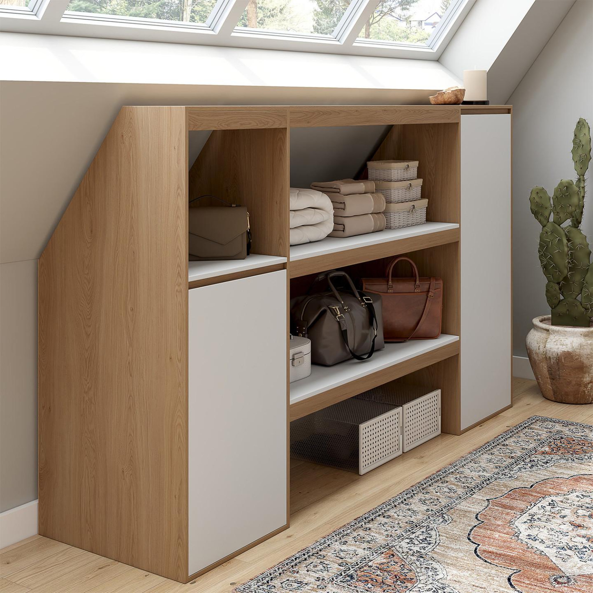 Voir la diapositive 2 : ID MARKET Ensemble étagère 2 niveaux, armoire 1 porte et armoire 1 porte + 1 niche sous pente tomi hêtre et blanc