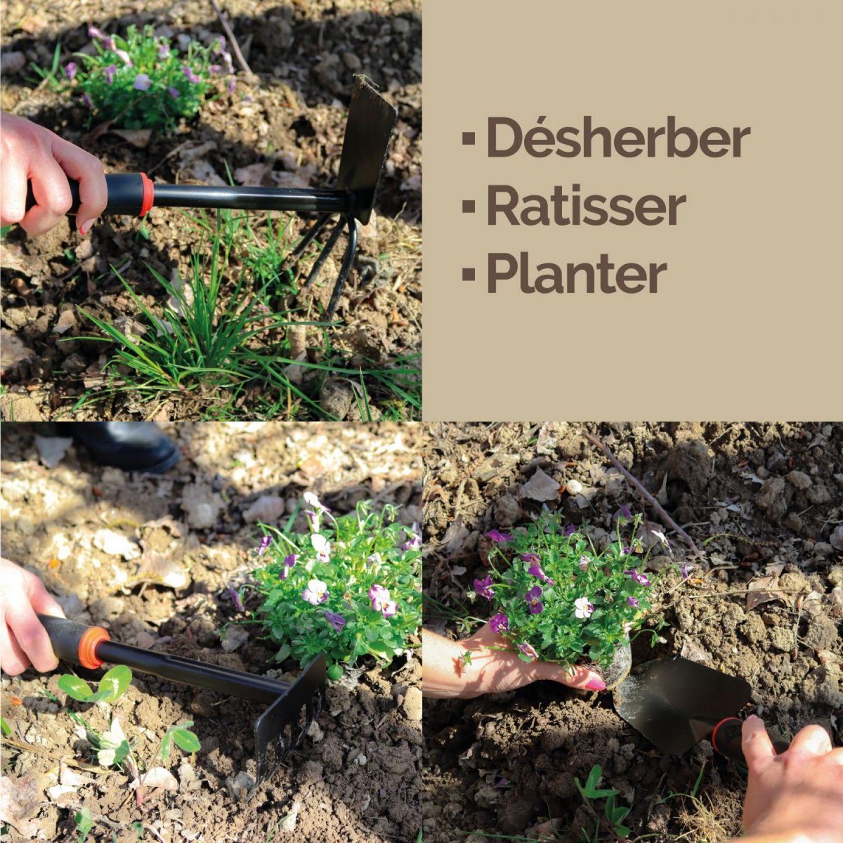 LINXOR Lot de 3 outils de jardinage à main en acier inoxydable - Noir