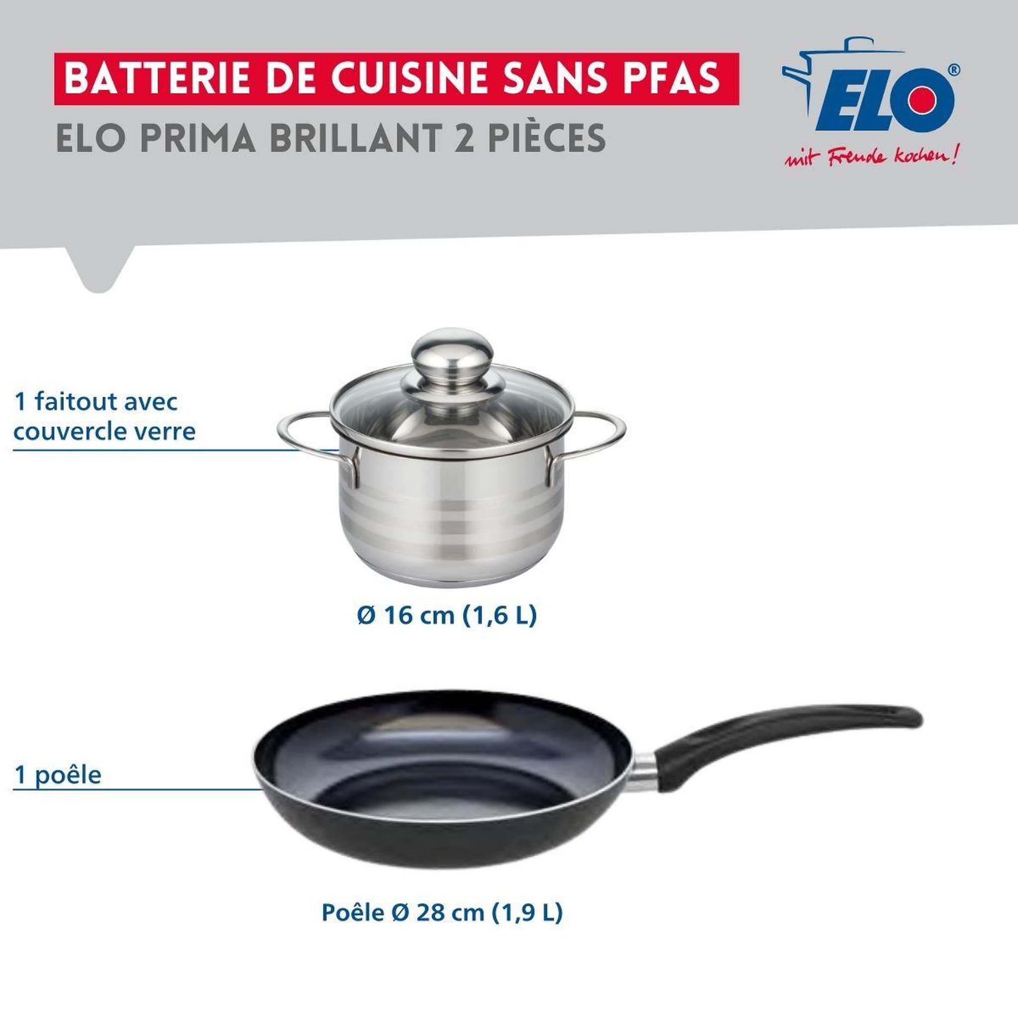 Voir la diapositive 2 : ELO Ensemble de 1 poêle de cuisson 28 cm et 1 faitout 16 cm elo prima brillant
