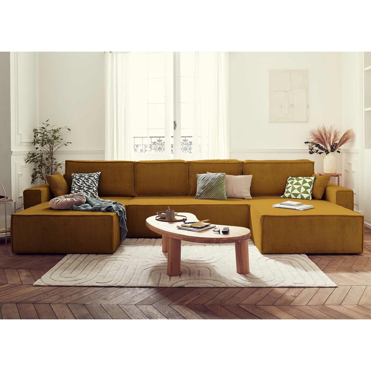 BEST MOBILIER Dellia - canapé panoramique en u - 7 places - convertible - avec coffre - en velours côtelé