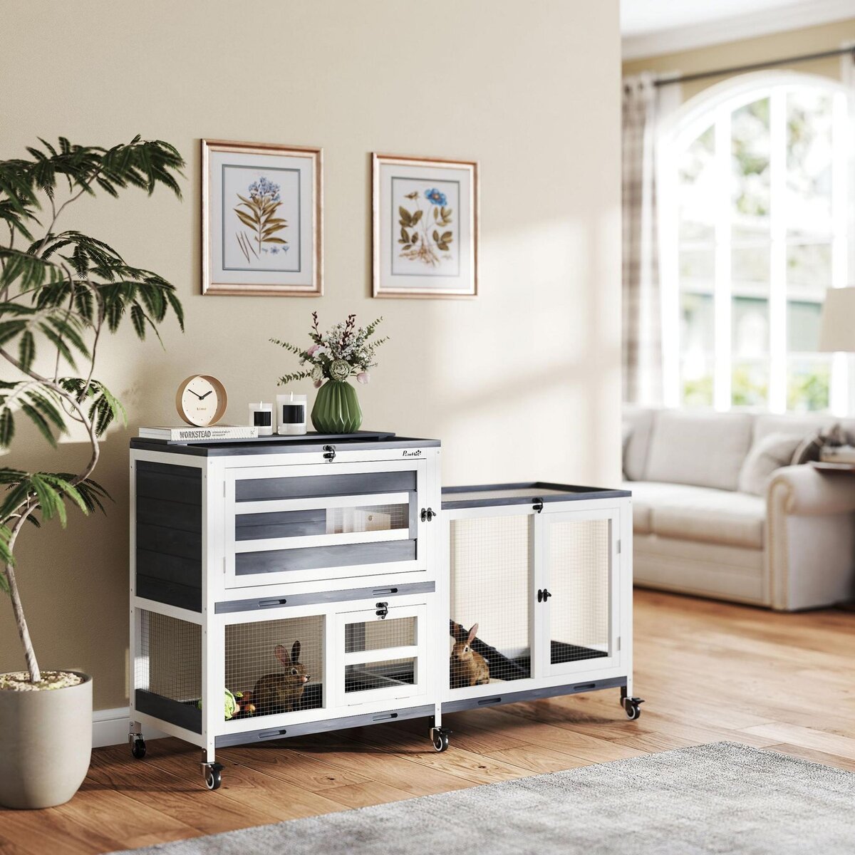 PAWHUT Clapier lapin sur roulettes - 3 portes, 2 toits ouvrants - 3 plateaux déjection - bois métal blanc gris