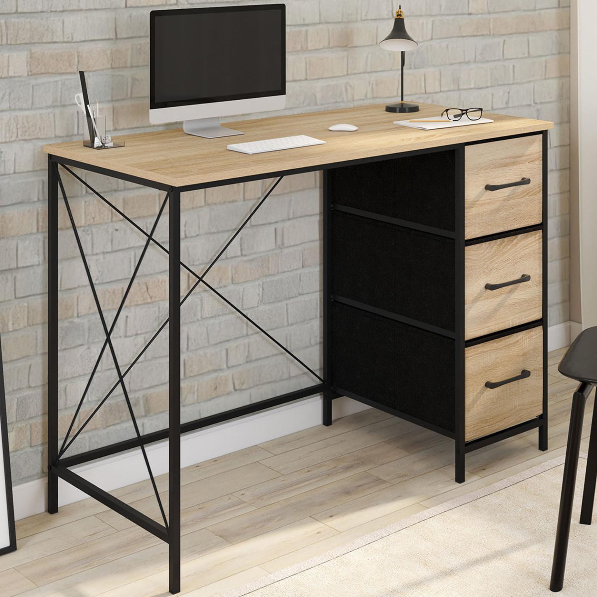 Voir la diapositive 2 : ID MARKET Bureau 3 tiroirs en tissu utah bois et noir design industriel