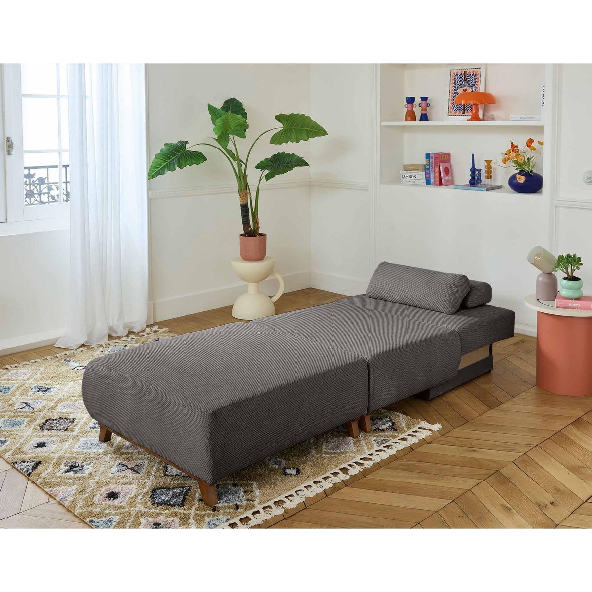 BEST MOBILIER Cristal - fauteuil - convertible avec coffre et grand pouf - en velours texturé