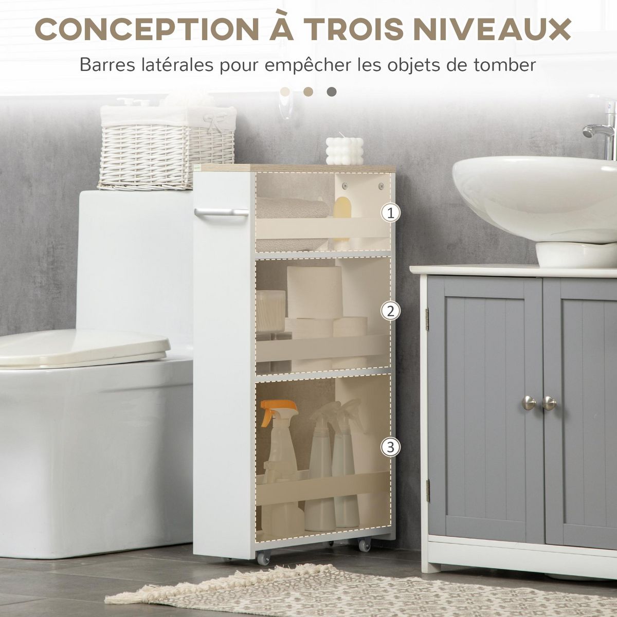 KLEANKIN Meuble bas colonne rangement salle de bain à roulettes 3 niveaux dim. 48L x 15l x 80H cm MDF panneaux blanc aspect chêne clair
