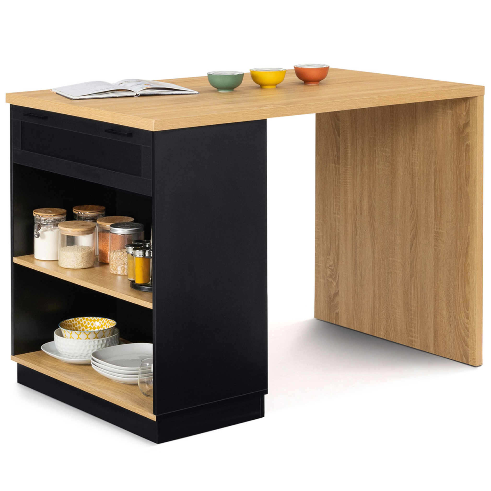 ID MARKET Ilot central mange-debout 4 personnes vito 130 cm noir et plateau bois