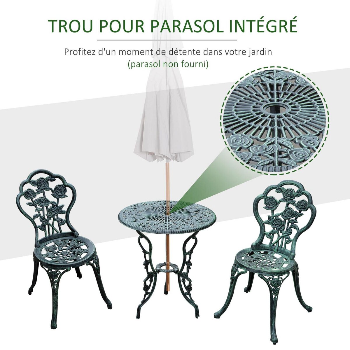 OUTSUNNY Ensemble salon de jardin 2 places 2 chaises + table ronde style néo-rétro motif rose lignes fuselées fonte d'aluminium vert vieilli