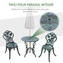 Voir la diapositive 6 : OUTSUNNY Ensemble salon de jardin 2 places 2 chaises + table ronde style néo-rétro motif rose lignes fuselées fonte d'aluminium vert vieilli