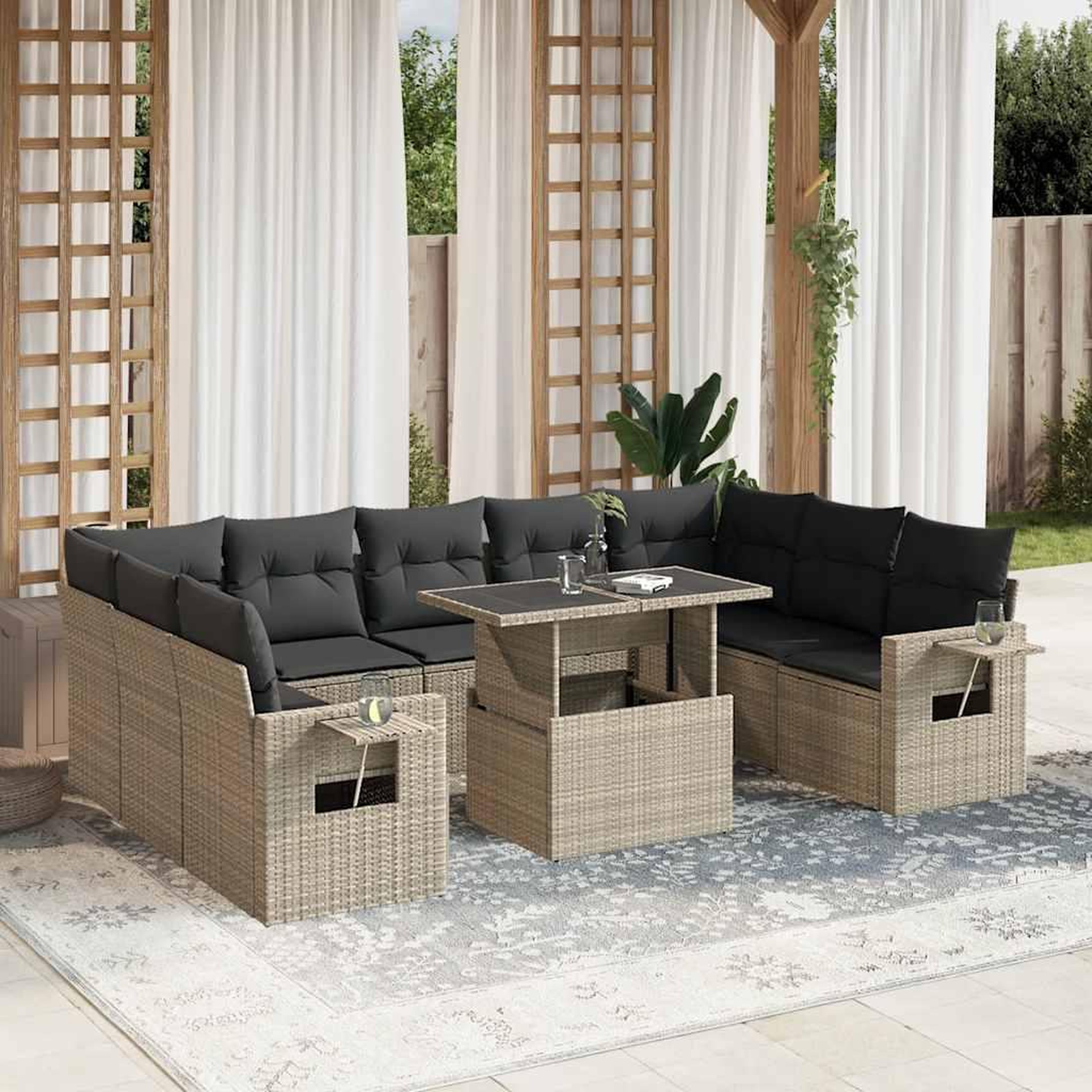 VIDAXL Salon de jardin avec coussins 10 pcs gris clair resine tressee