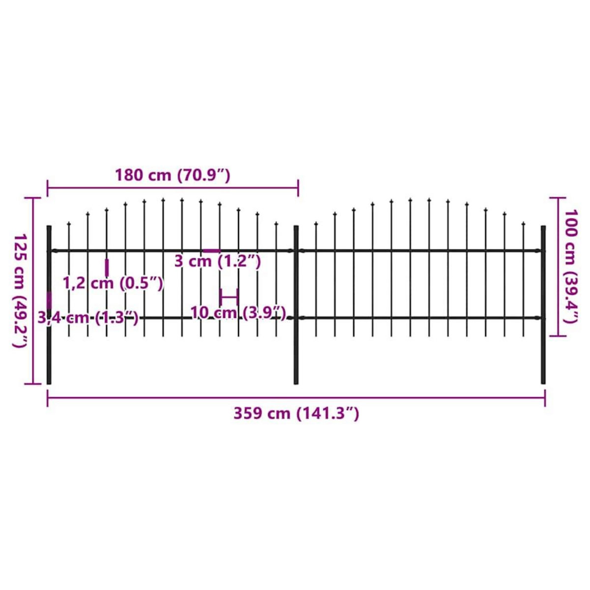VIDAXL Cloture de jardin avec dessus en forme de lance en acier 359 x 125 cm Noir