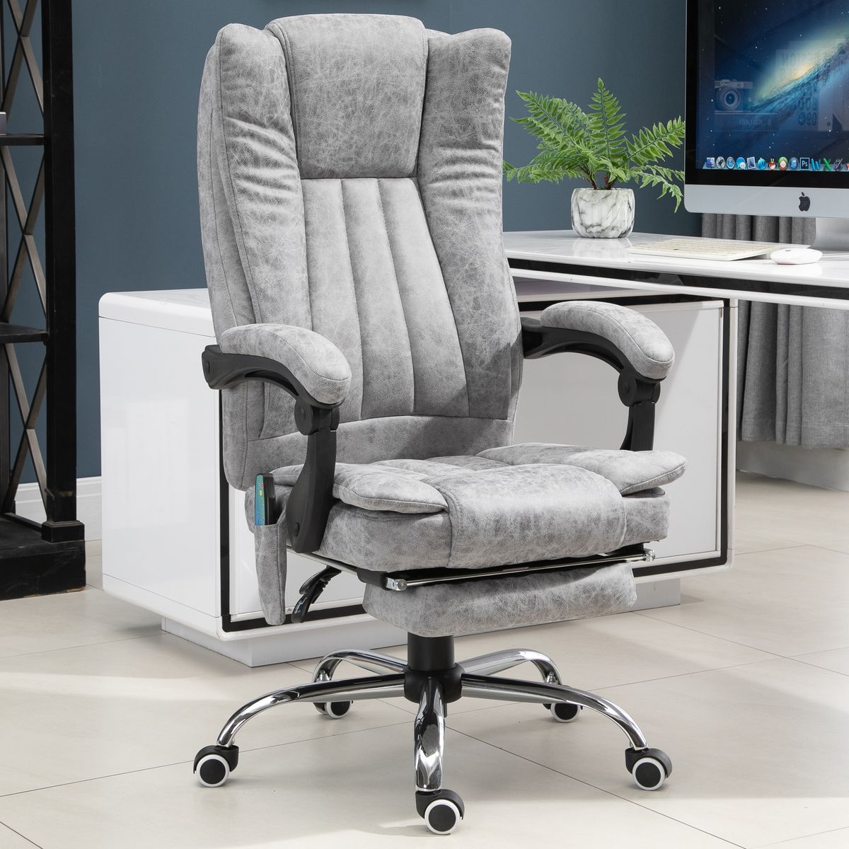 HOMCOM Fauteuil de bureau direction massant chauffant hauteur réglable dossier inclinable repose-pied revêtement synthétique gris