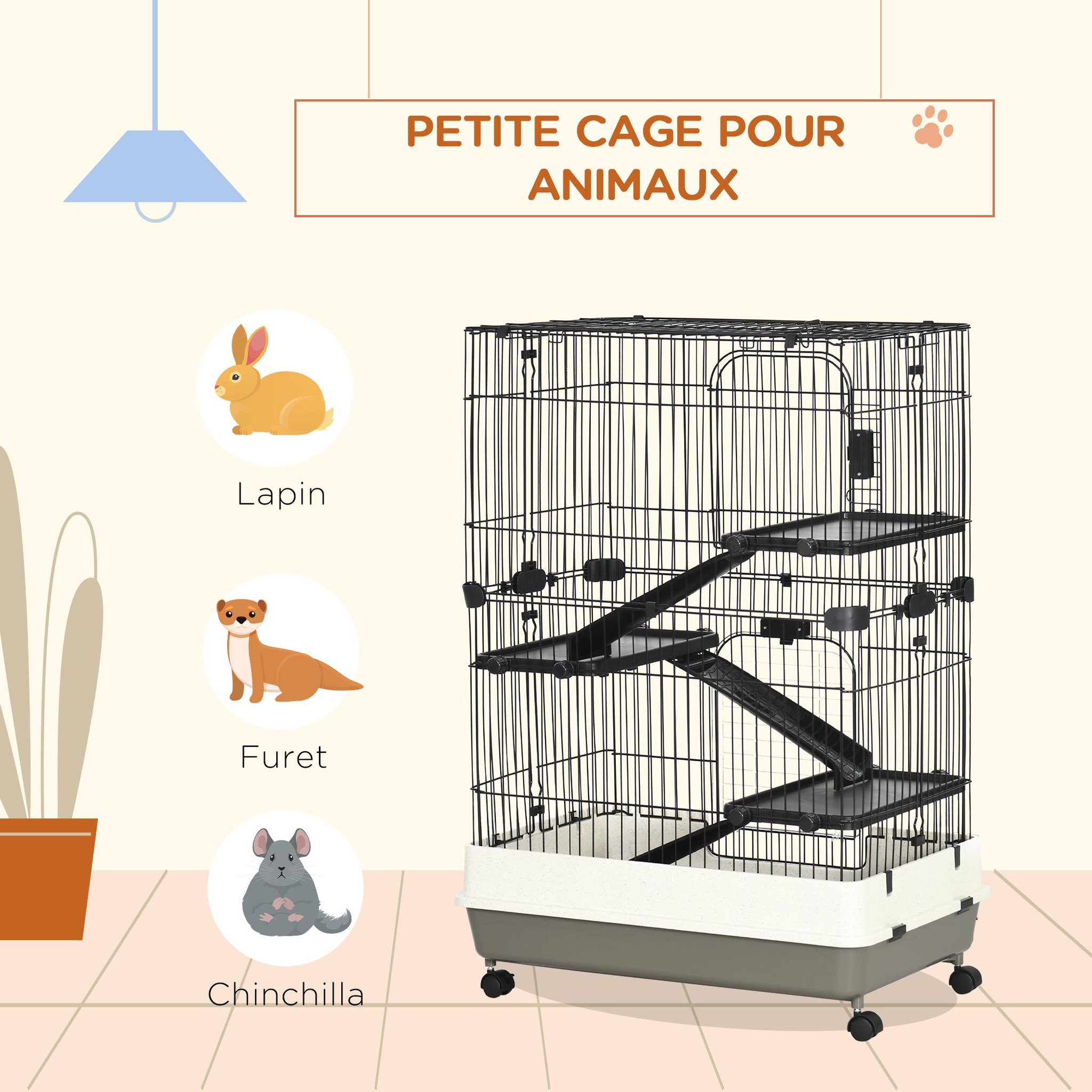 Voir la diapositive 6 : PAWHUT Cage pour cochons d'Inde chinchilla rongeur sur roulettes - 3 étages, 2 portes, trappe, plateau déjection - noir gris