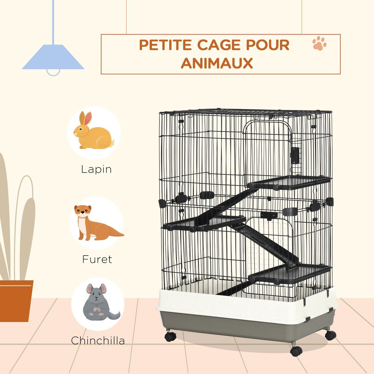 PAWHUT Cage pour cochons d'Inde chinchilla rongeur sur roulettes - 3 étages, 2 portes, trappe, plateau déjection - noir gris