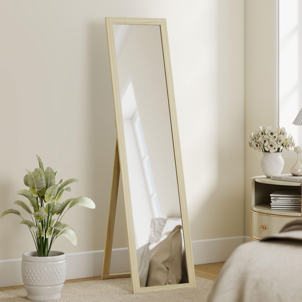 HOMCOM Miroir pleine longueur sur pied mural 154cm effet bois naturel