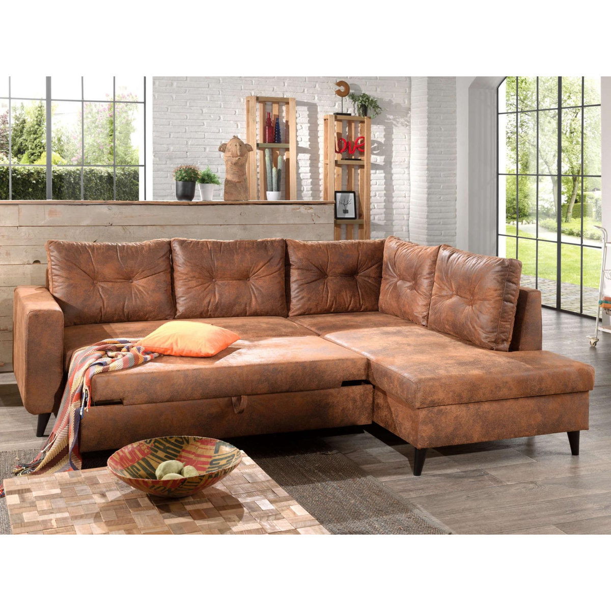 BEST MOBILIER Nordic - canapé d'angle l - 5 places - convertible - industriel vintage - droit