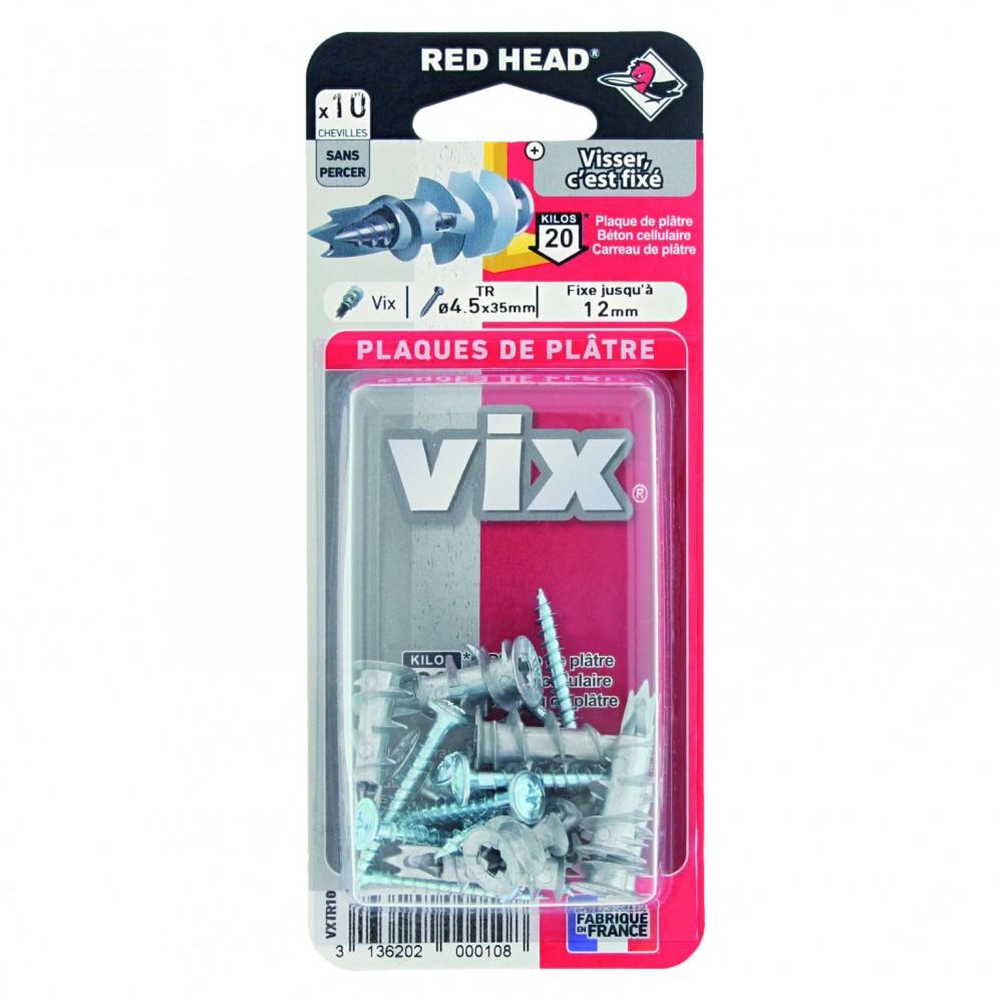 RED HEAD Lot de 10 chevilles et vis à visser vix RED HEAD, Diam.12 x L.30 mm
