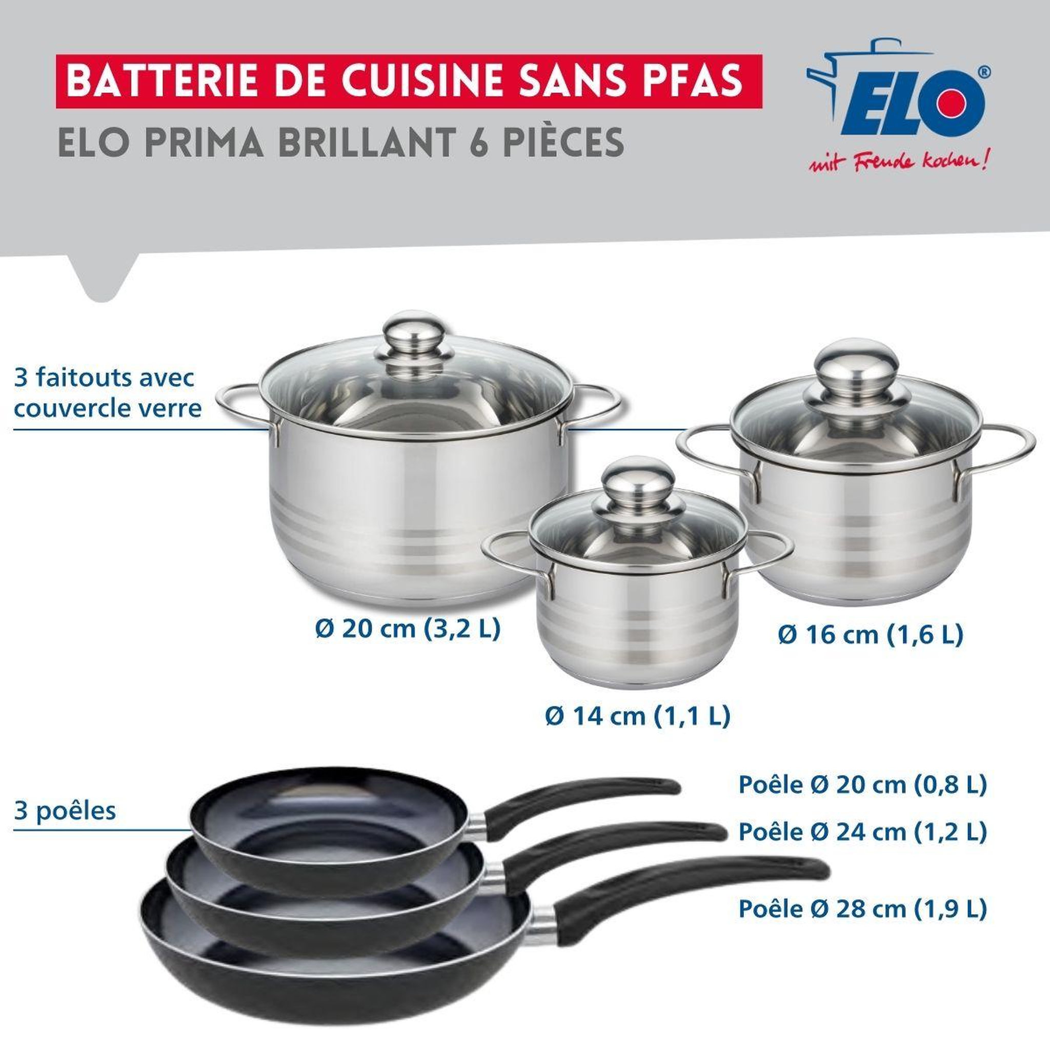 Voir la diapositive 2 : ELO Ensemble de 3 poêles de cuisson 20, 24 et 28 cm et 3 faitouts 14, 16 et 20 cm elo prima brillant