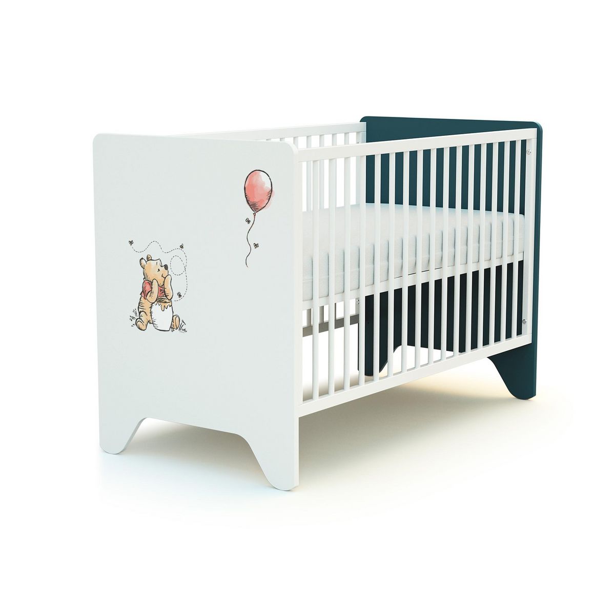 AT4 Ensemble lit bébé 60x120 cm et commode à langer 3 tiroirs WINNIE BALLON DISNEY Bleu canard