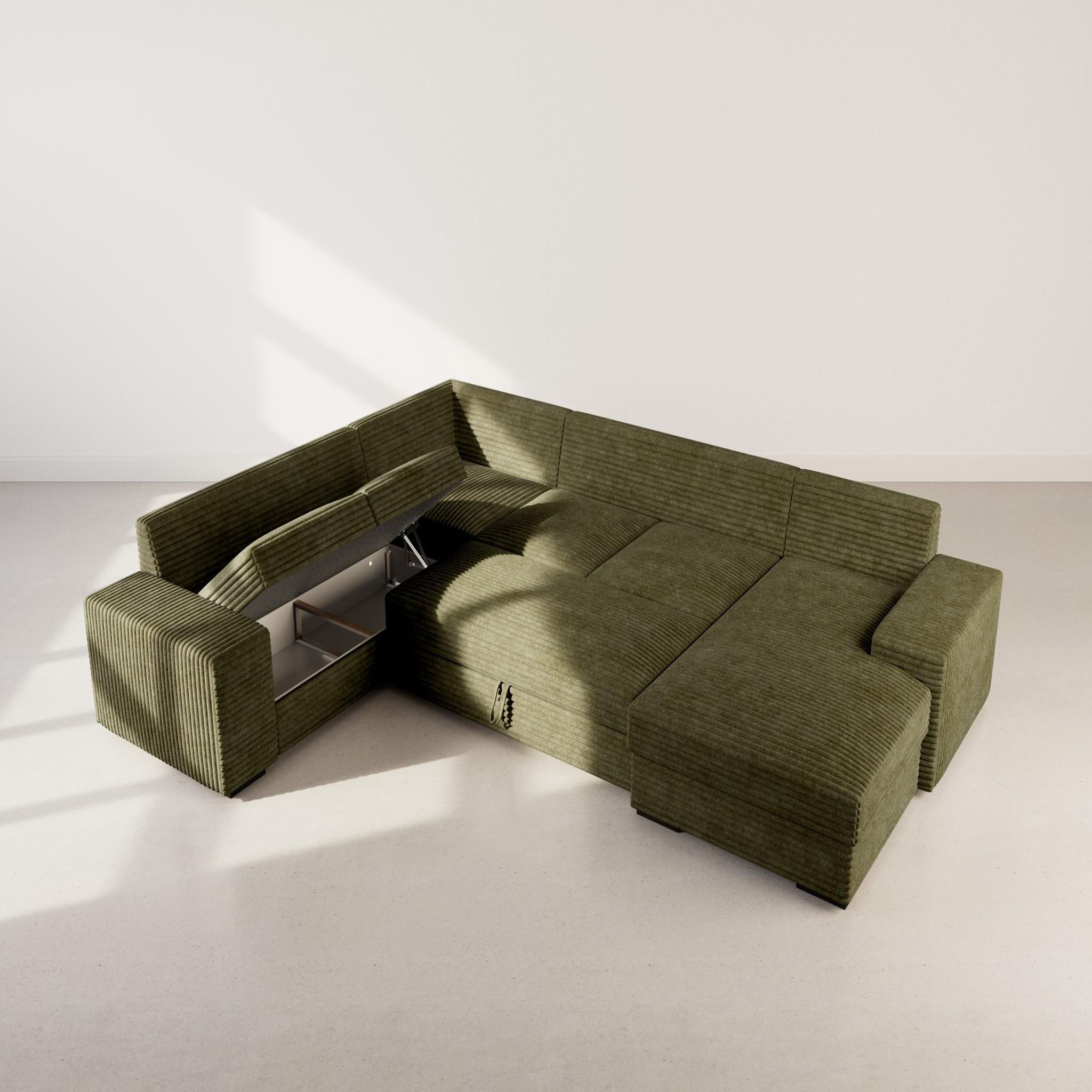 Voir la diapositive 4 : BEST MOBILIER Lorie - canapé panoramique d'angle gauche 7 places convertible en velours côtelé grosse côte avec coffre