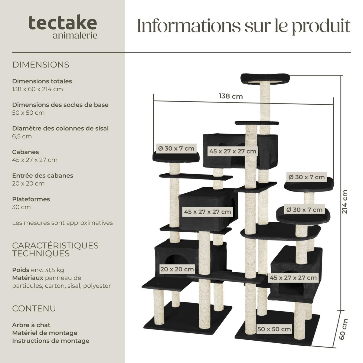 tectake Arbre à chat 214 cm avec griffoir et plateforme d'escalade noir